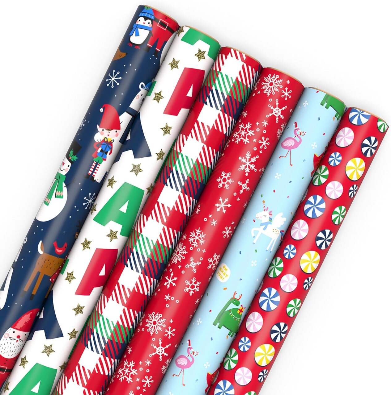 Christmas Wrapping Paper Rolls for Kids - Dinosaur, Unicorn, Flamingo, Koala Gift Wrap Paper (Set of 6 Rolls: 180 sq. ft. ttl.)